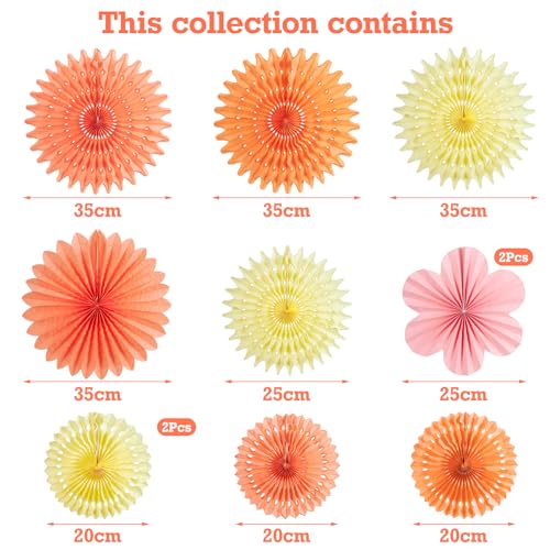 PAPER JAZZ Paper Flowers with Paper Fan Boho Hanging Decor Artificial Flowers Decorations for Wall Pink and Orange Party Decorations for Classroom, Beach Party, Summer Birthday Party Pack of 11. - color: Orange Pink