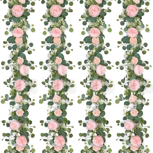 Artificial Flower Garlands Eucalyptus Garlands with Flowers Rose Peony Flower Vine Faux Floral Garland for Wedding Party Arch Table Wall Backdrop Decoration (Light Pink, 4PCS) - color: Light Pink, size: 4PCS