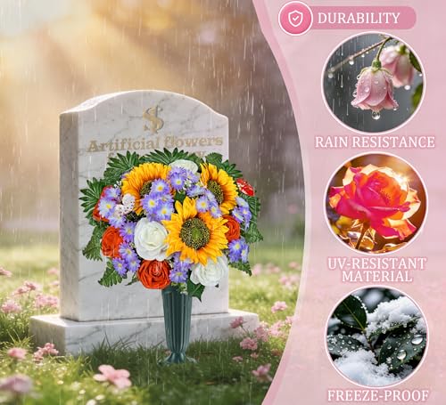 Artificial Cemetery Flowers for Grave,Memorial Flowers Bouquet with Vase for Headstones Decoration,Bright and Vibrant Sunflower Rose Daisy - color: Orange-purple