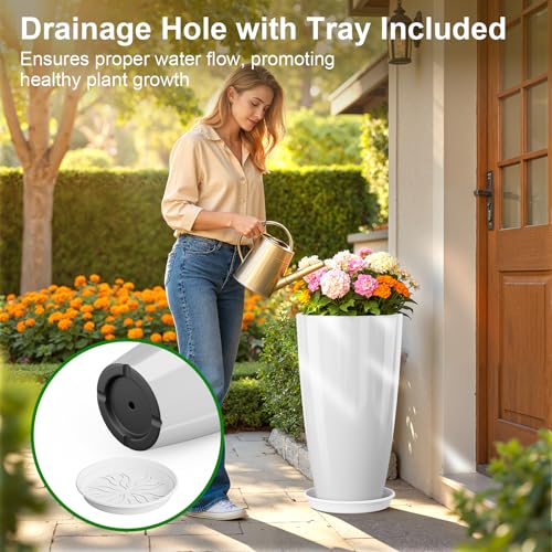 QCQHDU 21 inch Tall Planters for Outdoor & Indoor Plants, Set of 2 Large Outdoor Planters with Drainage Hole for Front Porch, Patio, Garden, White - color: White, size: 21 inch