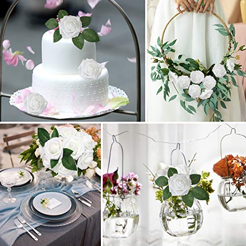 AmyHomie Artificial Flower White Rose 25pcs Real Looking Fake Roses w/Stem for DIY Wedding Bouquets Centerpieces Arrangements Party Baby Shower Valentines Day Christmas Tree Decorations - color: White