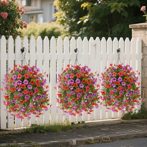 INQCMY Artificial Hanging Flowers with Basket for Spring Outdoor Decoration 3 Bunches of Silk Daisy Flower Uv Resistant for Garden Porch Patio Balcony Yard Decor (Red Purple) - color: Red Purple