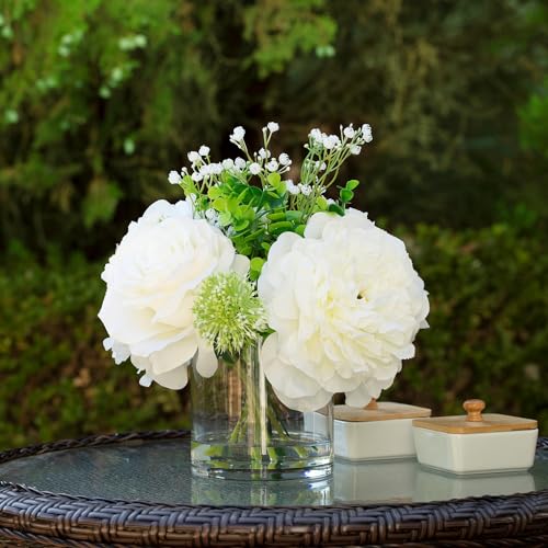 ENOVA FLORAL Artificial Rose Flowers in Vase, Mixed White Rose and Silk Peonies in Vase with Faux Water for Dining Table Centerpieces, Home Decor Indoor (FL-158-Cream) - color: Fl-158-cream