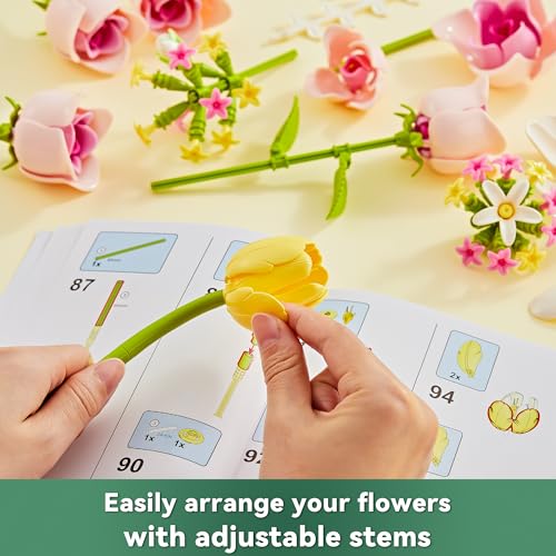 Tulip Rose Flowers Building Sets, Gift for Mothers Day, Flower Bouquet Compatible with Lego Flowers Botanical Collection for Adults Women Girl Girlfriend Birthday Valentine Day Home Office Decor