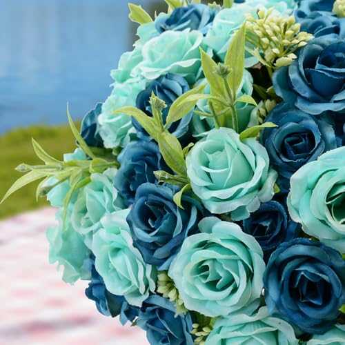 8 Pack Rose Artificial Flowers Bouquet, 10 Small Silk Rose Heads Per Pack, Fake Roses Bunches for Wedding Table Centerpieces Bridal Bouquet Mother's Day Valentine's Day Home Decor, Blue - color: Blue