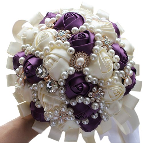 USIX Handcraft Popular Satin Rose Rhinestone Brooch Flower Pearl Bridal Holding Wedding Bouquet Wedding Flower Arrangements Bridesmaid Bouquet(Dark Purple+Ivory) - color: Dark Purple+ivory