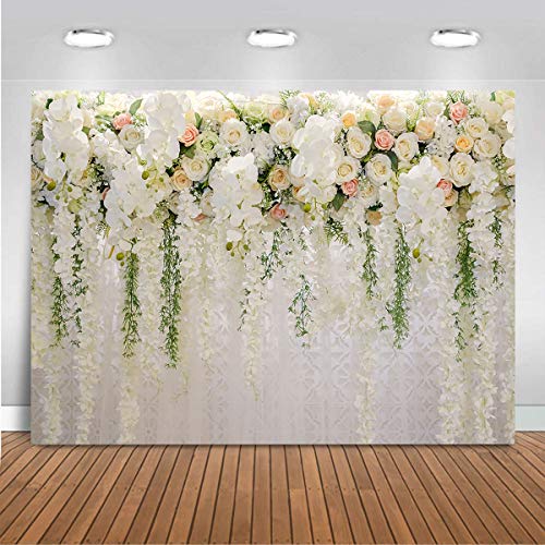 Mocsicka Wedding Flower Backdrop Wall Floral Bridal Shower Backdrops for Photoshoot Wedding Decoration for Reception White Rose Floral Photography Background Banner (5x3ft) - size: 5x3ft