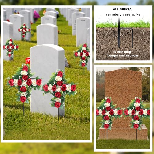 Artificial Cemetery Flowers,Set of 2 Faux Floral Cross,Artificial Rose Bouquet Decoration for Cemetery Headstones Gravesites,Silk Flowers for Long-Lasting Remembrance (red) - color: Red