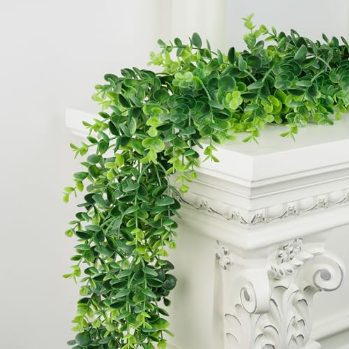 DDHS Artificial Boxwood Garland, 6FT Fake Plant Greenery Eucalyptus Garland Faux Vines Hanging Plant Green Artificial Boxwood Plants for UV Outdoor Indoor Wedding Backdrop Wall Table Farmhouse Party