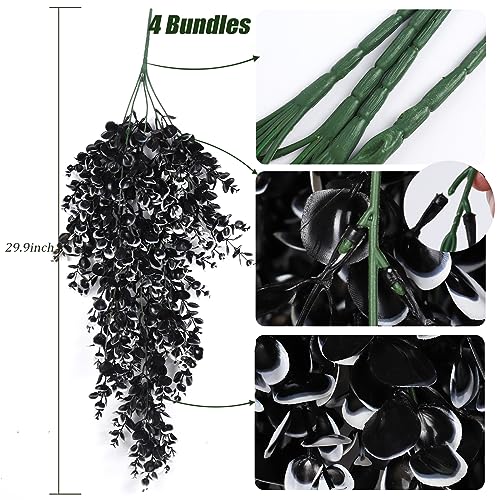 RECUTMS Black Artificial Hanging Eucalyptus Plants, 4PCS 29.9 Inches | UV Resistant, Fake Plastic Trailing Greenery, Gothic Halloween Decor, Home Room Garden Wedding Porch Patio Outdoor Indoor - color: Black White