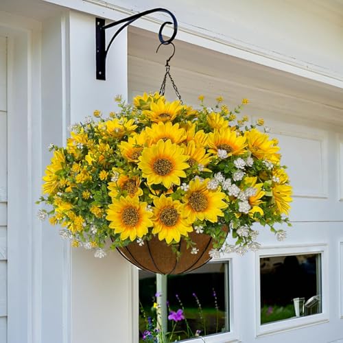 Artificial Sunflowers Faux Flowers Plants for Outdoor Summer Fall Decoration, Fake Silk Realistic UV Resistant Yellow Sun Flowers for Outside Porch Planters Patio, 8 Bundles - color: Yellow