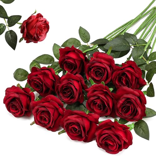 Burgundy Fake Roses Artificial Flowers - 10 Pcs Fake Artificial Roses Silk Flowers with Stems for Home Wedding Hotel Office Centerpiece Decor（Burgundy） - color: Burgundy, size: 10 Pcs
