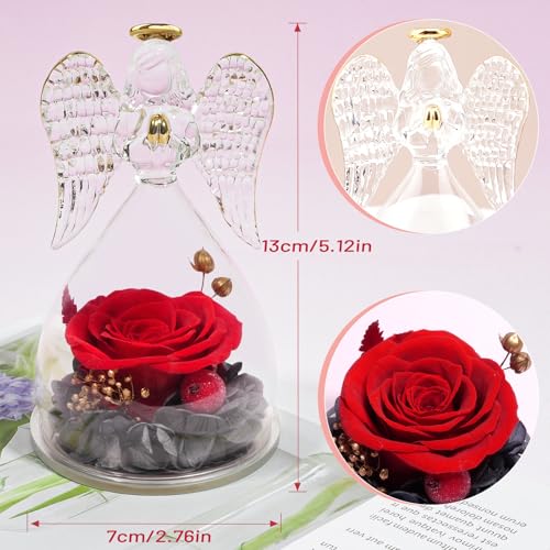 Miofula Gifts for Mom Birthday Gifts for Women, Preserved Flowers Rose in Glass Angel Figurines, Fresh Flowers for Delivery Anniversary Forever Real Roses Gifts for Mothers Grandma Her Wife Girlfriend - color: Red