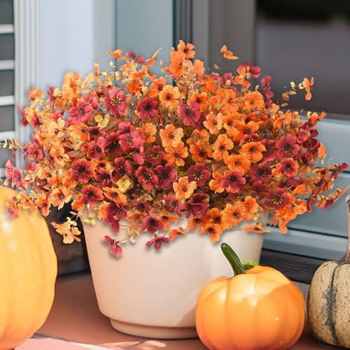 INQCMY Artificial Fake Fall Plants Flowers for Outdoor Outside Decoration,12 Bundles Faux Silk Daisy Flowers UV Resistant Look Real No Fade for Front Door Porch Patio Yard Balcony Autumn Decor - color: Orange Brown, size: 12 PCS