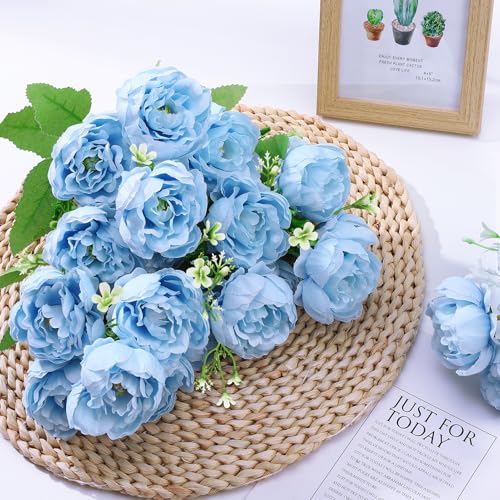 8 Pack Blue Peonies Artificial Flowers, Fake Silk Hydrangea Bouquet for Bridal Wedding Home Table Decor Reusable Dining Opening Ceremony Birthday Arrangement Faux Floral - color: Blue