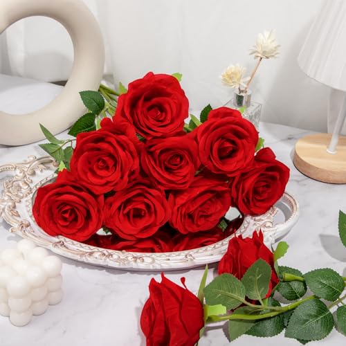 Ouddy Decor 20 Pcs Red Roses Artificial Silk Flowers Fake Roses Bouquet with Long Stems for Mother's Day Decor Wedding Home Party Table Centerpieces Bridal Bouquet DIY Floral Arrangment, Red - color: Red, size: 20 Packs