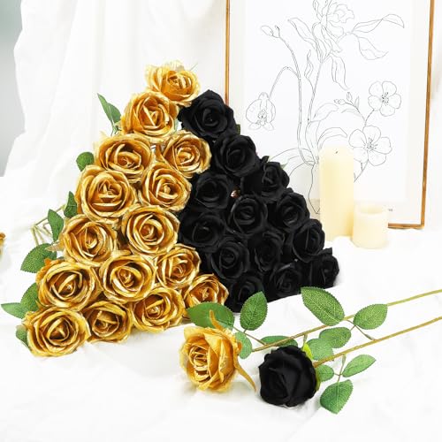 72 Pcs Artificial Roses Gold, Black Fake Silk Roses Realistic Roses Faux Flower Indoor Wedding Home Decor, Birthday Decorations - color: Gold,black