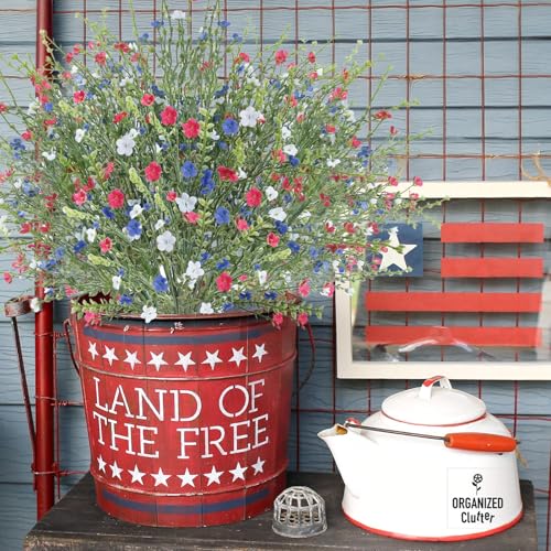 4th of July Artificial Red White Blue Flowers, Patriotic Flowers Independence Day Fake Wildflowers for Home Decor Indoor, Kitchen Table Centerpiece, Wedding, Party Decoration
