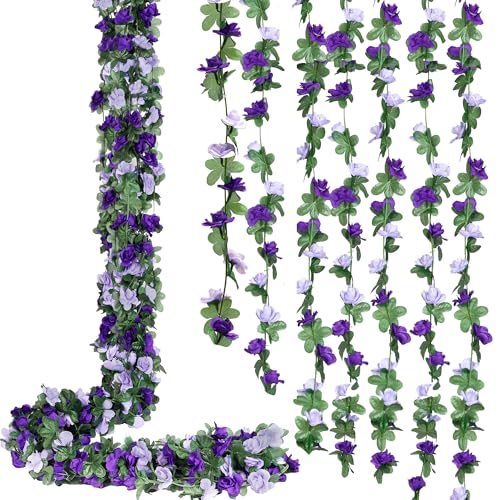 BSMYBO 5Pcs 82 FT Artificial Purple Rose Flower Garland, Faux Silk Rose Garland, Purple Party Decorations, Lavender Flower Hanging Flower Vines for Backdrop Decoration Tea Party Wedding Birthday - color: Purple, size: 5pcs