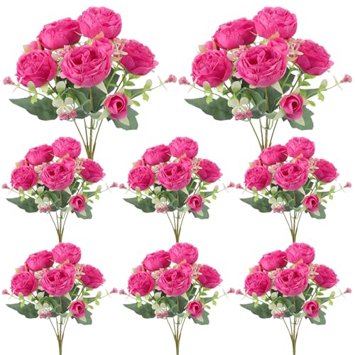 8 Pack Hot Pink Peonies Artificial Flowers, Fake Silk Hydrangea Bouquet for Bridal Wedding Home Table Decor Reusable Dining Opening Ceremony Birthday Arrangement Faux Floral - color: Hot Pink