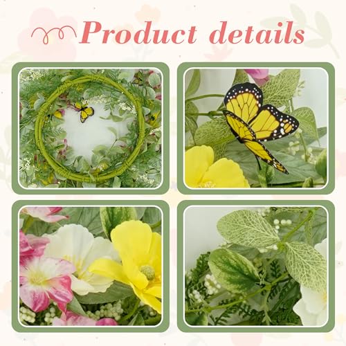 YNYLCHMX 20" Spring Summer Wreaths for Front Door, Artificial Wreath with Yellow Daisies Green Eucalyptus Leaves Butterflies, Green Foliage Wreath for Wall Window Farmhouse Party Holiday Home Decor - color: Daisies&butterflies