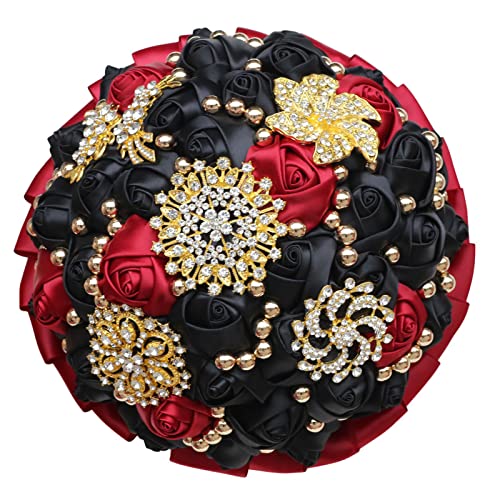 Burgundy and Black Bridal Wedding Bouquet Luxury Gold Rhinestone Brooch Bouquet for Bride Bridesmaid Quinceanera Satin Rose Artificial Flower Bouquet Wedding 9.5in - color: Burgundy & Black, size: Diameter: 9.5 inches