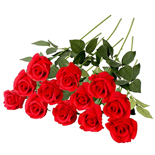 Grand Verde Roses Artificial Flowers Bulk 22” Long Stems, Latex Full Blossom Faux Flower Heads Real-Touch Bouquet Luxury Indoor Home Decor, 12pcs (Red) - color: Red
