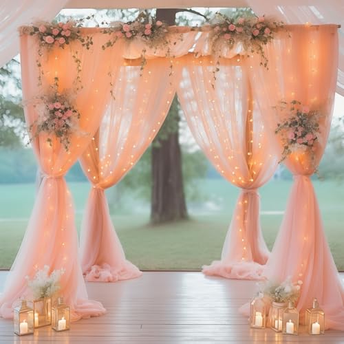 10ft x 8ft Peach Backdrop Curtain with Lights String for Parties, Sheer Tulle Wedding Photo Backdrops Drapes for Baby Shower Birthday Party Decorations Background for Photography - color: Peach, size: W5' x H8'(2 panels)