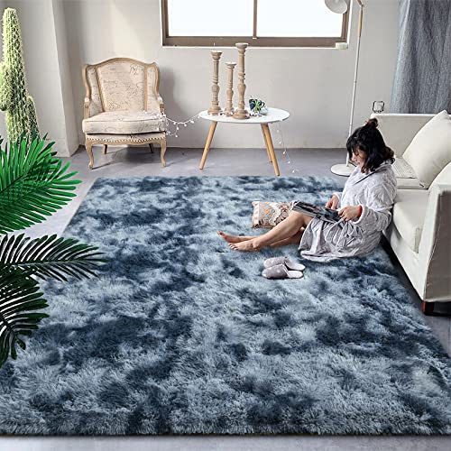 DweIke Fluffy Blue Grey Rugs for Bedroom Living Room, 3x5 Feet Soft Plush Shaggy Tie-Dyed Navy Blue Gray Girls Boys Kids Rug, Upgraded Non-Slip and Machine Washable Carpet for Dorm Nursery Decor - color: Blue Grey, size: 3 Ft X 5 Ft