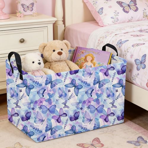Rectangular Purple Butterfly Baskets,Foldable Waterproof Outdoor Purple Gift Basket with Handle,Baby Storage Basket,Girls Baskets,Butterfly Room Decor(Cute Butterfly) - color: Cute Butterfly
