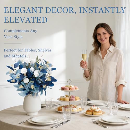 Dallisten Fake Flowers for Vase, 15 pcs Faux Silk Pompom Mum Artificial Flowers with Eucalyptus Stems, Mini Floral Long Stem Arrangements for Home Decor, Wedding, Table Centerpieces DIY Floral Designs - color: Navy Blue+light Blue+white