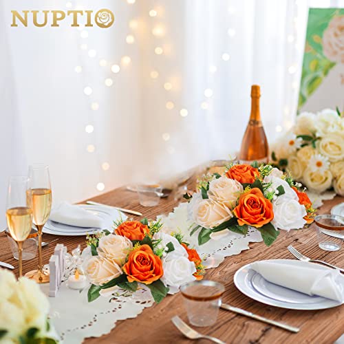 NUPTIO Flower Balls for Wedding Centerpieces: 9.5 Inch Diameter Orange Artificial Flower Ball Arrangement Bouquet Fall Party Table Decor - Fake Rose Autumn Weddings 2 Pcs - color: Orange & White, size: 2 Pcs
