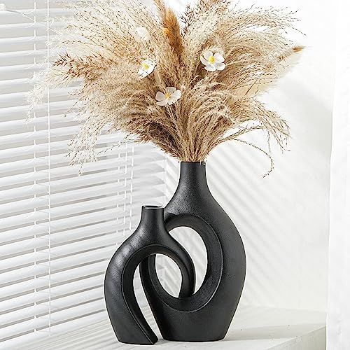 Levvohd XL Black Ceramic Vase Set of 2 for Modern Home Decor, Neutral Boho Round Donut Pampas Grass Vases, Nordic Aesthetic Vase, for Living Room Coffee Table Fire Place Book Style Shelf (H 11.1") - color: Black - Xl Round