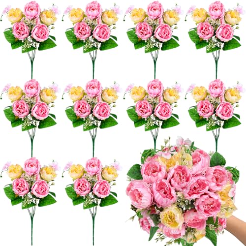 Olgaa 12 Bundles Peonies Artificial Flowers Fake Peony Bouquet Faux Peonies Flowers Bulk with Stems Flower Balls for Centerpiece Table Decorations Wedding Bridal Floral Arrangement (Pink) - color: Pink