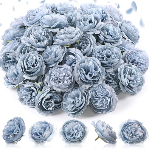Thiccywoov 50 Pcs Artificial Flowers, 3.2 Inches Silk Rose Head Flowers Fake No Stem for Wedding Bridal Bouquet Home Floral Decor DIY Centerpieces Arrangements Party Tables Decoration(Dusty Blue) - color: Dusty Blue