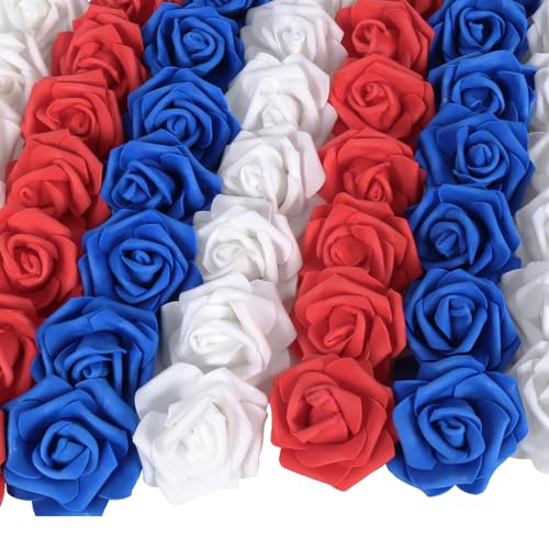 100pcs White Foam Roses Heads,3inch Blue Faux Flowers Red Artificial Rose Stemless Fake Flower Bulk for DIY Crafts,Cake Decoration Wedding,Baby Shower Flower Centerpieces(White,Red&Blue) - color: 100pcs White&red&blue