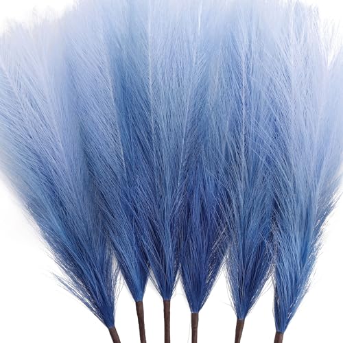 6 PCS Faux Pampas Grass Arrangement - 18"/45cm Artificial Fluffy Pompous Grass Stems for Boho Chic Home and Wedding Decor (Blue Gradient) - color: B4- Blue Gradient