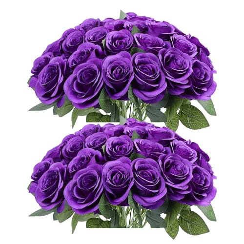 52pcs Purple Roses Artificial Flowers Fake Flowers Silk Roses with Stems for DIY Wedding Bouquets Bridal Shower Centerpieces Arrangements Party Decorations - color: Purple