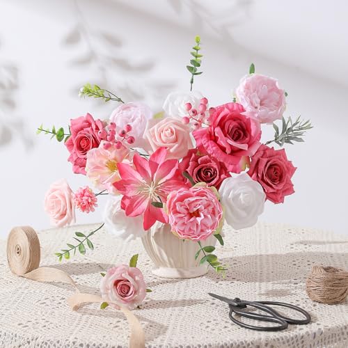 Floweroyal Artificial Flowers Fake Rose Flowers Dahlia with Stems for DIY Wedding Bridal Bouquets, Baby Shower, Floral Arrangement, Table Centerpieces, Home Decorations - color: A Abby Hot Pink