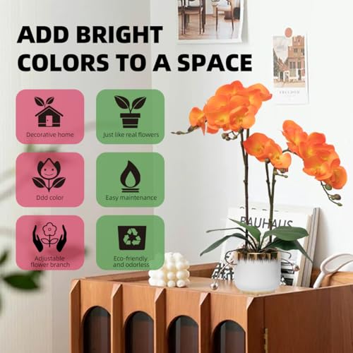 CXGS Orchids Artificial Flowers Real Touch Fake Flowers in Ceramic Pot 20" Orange Faux Orchid Plant Lifelike Silk Phalaenopsis for Centerpiece Hotel Home Indoor Decor - color: Orange- White Gold Vase