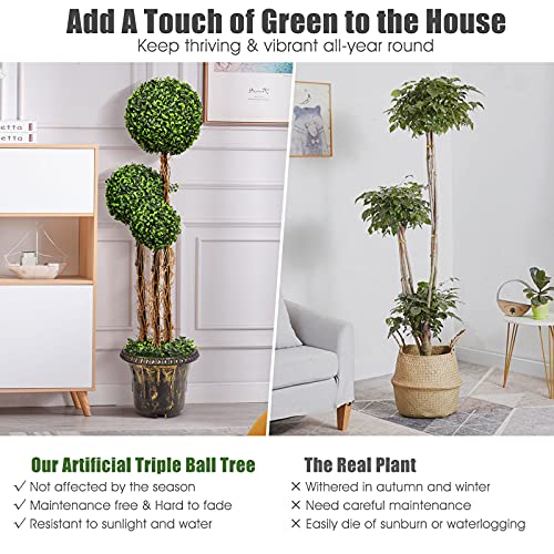 Goplus 4 Ft Artificial Boxwood Topiary Tree, 2 Pack Fake Greenery Plants Triple Ball Tree, Leaves & Cement-Filled Plastic Flower Pot Decorative Trees for Home, Office, Indoor and Outdoor Use - size: 4 Ft