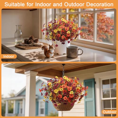 Hommyea Artificial Flowers for Outdoors, 12 Bundles Multicolor Silk Fake Flower for Fall Decoration, UV Resistant No Fade Artificial Outdoor Plants for Home Planter Porch Patio Yard Decor - color: Orange,brown,yellow