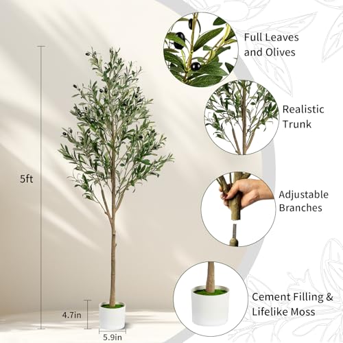 5FT Artificial Olive Tree, Indoor Faux Olive Tree Fake Potted Silk Olive Tree Plants with Lifelike Branches & Fruits for Home Office Decor - color: Olive Tree, size: 5ft