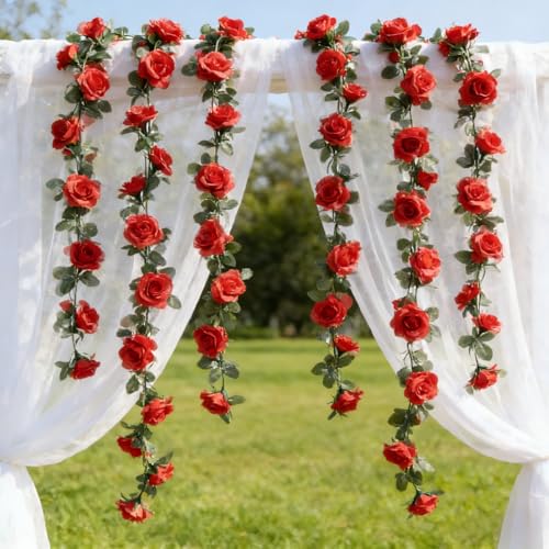 Artificial Flower Garland 90.5 Inch/230CM - Fake Roses Vines Floral Vines, Silk Faux Plastic Hanging Floral Garland for Wedding Arch, Bedroom, Home Wall, Backdrop, Outdoor & Indoor Decor (Red) - color: Red