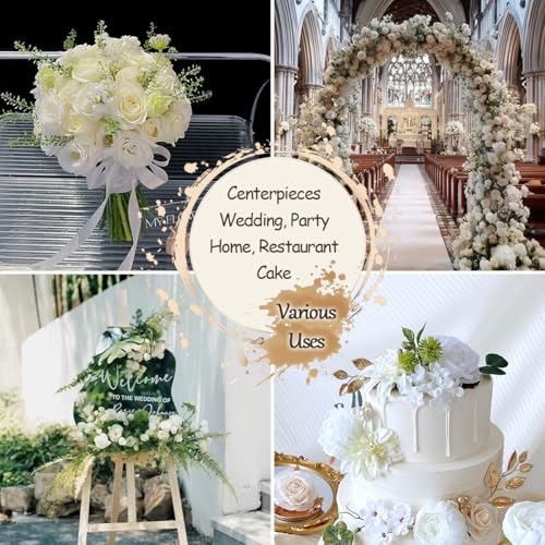 Ivory White Artificial Flowers Combo Box Set Silk Dahlia Roses Gold Leaves Stems DIY Bridal Wedding Bouquets Cake Boho Fake Floral Arrangements Baby Shower Party Table Centerpieces Home Decor Bulks - color: Ivory White, Cream