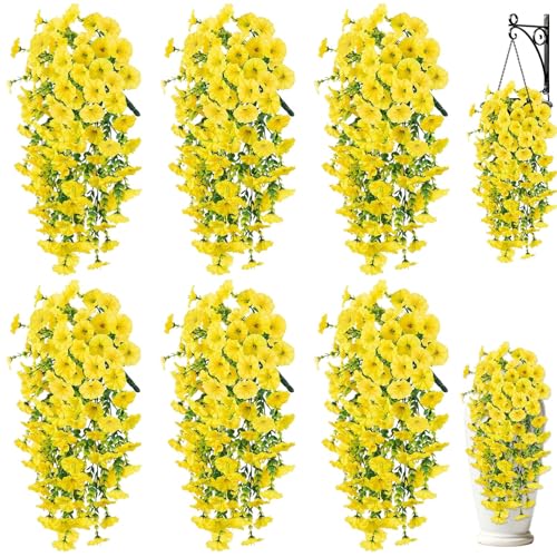 Artificial Hanging Flowers for Outdoors, 6 PCS Silk Morning Glory Artificial Flowers with Eucalyptus Leaves, UV Resistant Fake Flower Realistic Faux Plants for Home Patio Porch Garden Decor, Yellow - color: Yellow