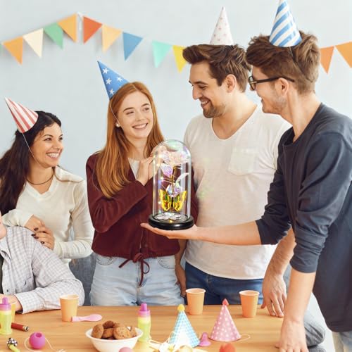 Gifts for Mom Birthday Gifts for Women Colorful Rose Eternal Flower Light Up Rose in Glass Dome with Butterfly, Galaxy Crystal Flowers Gifts for Grandma Wife Daughter Her Delivery Prime - color: Colorful