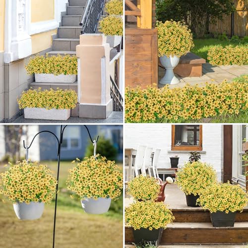 Bassion 20 Bundles Artificial Flowers for Outdoors Decorations, UV Resistant Faux Plants Fake Silk Flowers for Outside Daisy Hanging Planters Window Box Front Door Porch Patio Yard Home Decor - color: Yellow