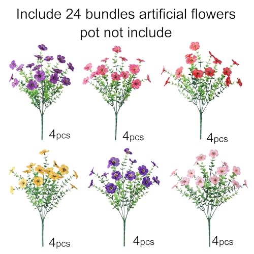 Ivydale Artificial Flowers for Outdoor 24 Bundles Fake Mums with Eucalyptus Leaves UV Resistant Silk Faux Daisy Flower Plant for Outside Home Porch Patio Window Box, 6 Color Mixed - color: 6 Color Mixed