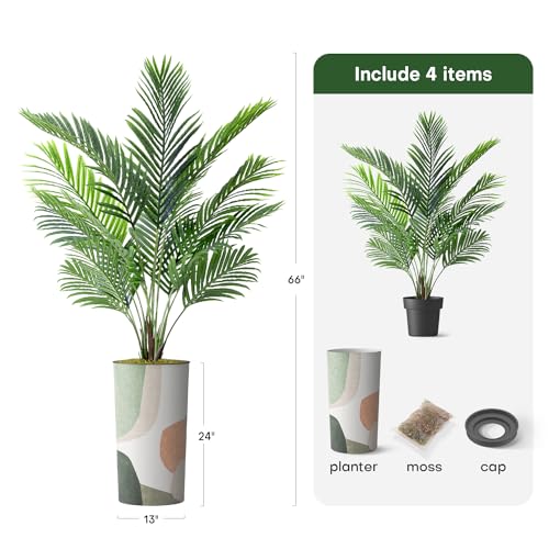 Artificial Tree in Multicolor Textured Geometric Shapes Illustrations Planter, Fake Areca Tropical Palm Silk Tree for Indoor and Outdoor Home Decoration - 66" Overall Tall (Plant Pot Plus Tree) - style: Areca Palm Tree